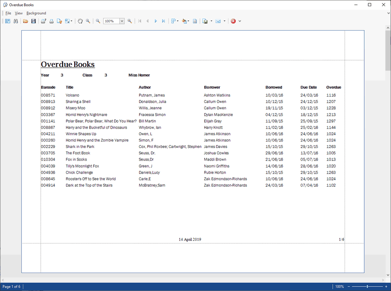 Overdue books report window