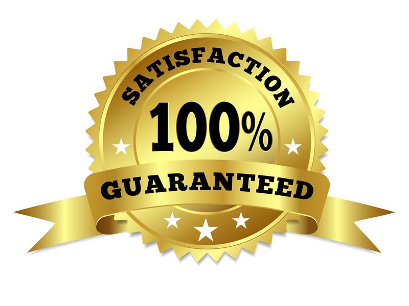 Rosette graphic showing "Satisfaction 100% guaranteed"