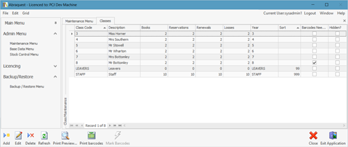 Class maintenance screen shot showing print barcodes and mark barcodes buttons