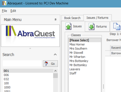 Teacher Issue/Returns showing Abraquest Logo
