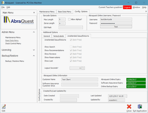 Configuration Options showing Unattended Issues/Returns