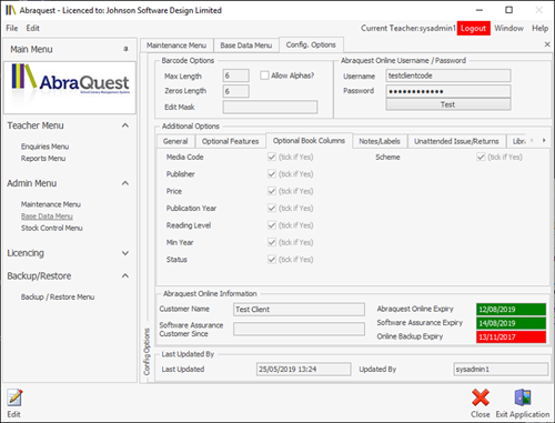 Abraquest System Config optional book columns