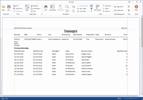 Screen capture showing Abraquest Damages Print Preview