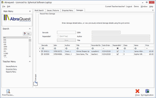 Screen capture showing Abraquest Damage Input