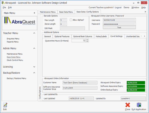 Abraqeust setup page showing quarantine days